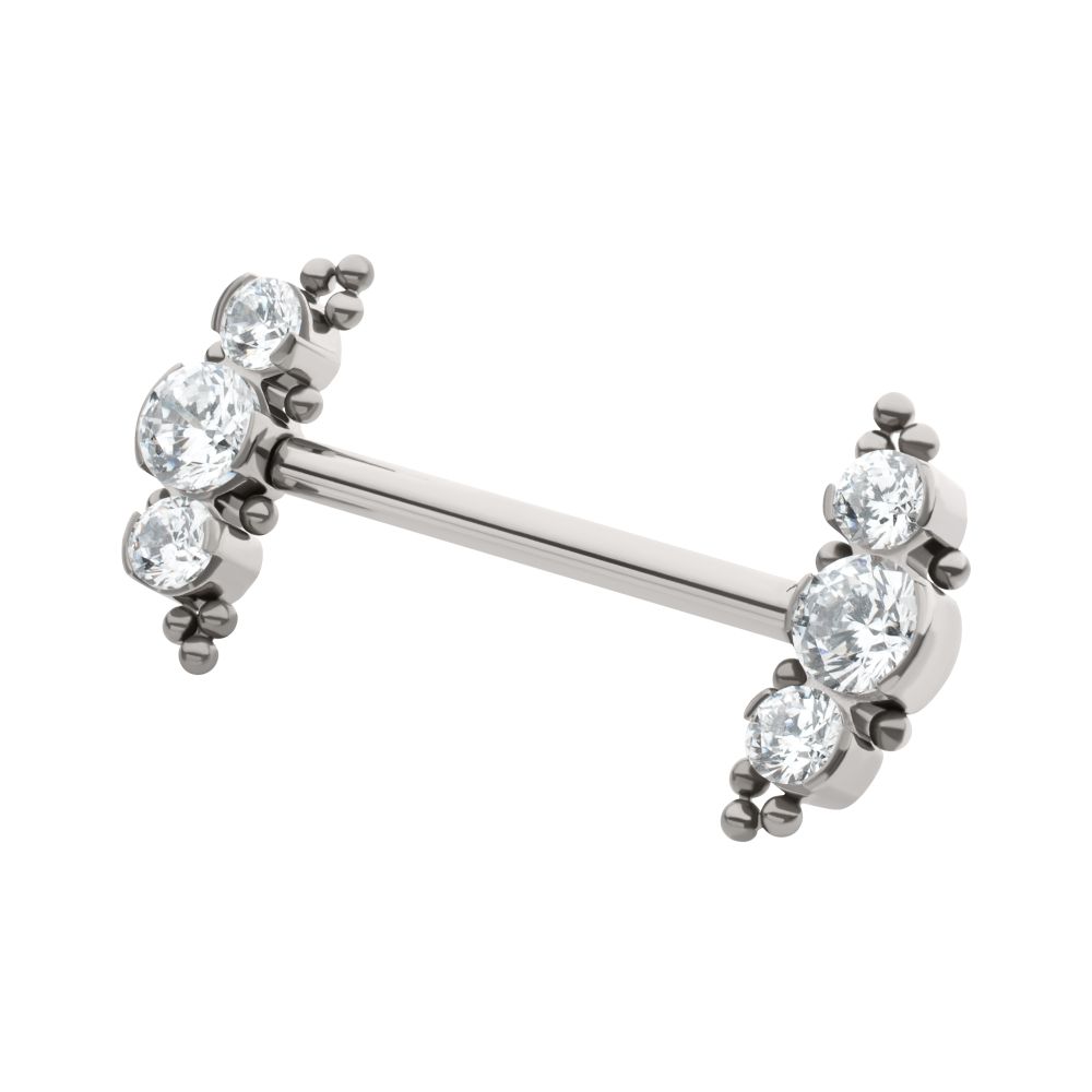 Titanium Beads and Semi-Bezel Set Round Gem/Opal 
3-Cluster Ends Nipple Barbell 
(One Side Fixed, One Side Threadless ) | Sold by piece