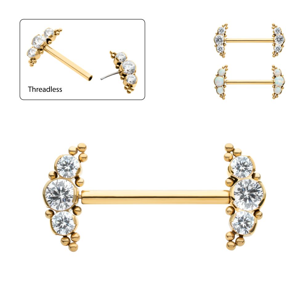 24Kt Gold PVD Titanium Beads and Semi-Bezel Set Round Gem/Opal 
3-Cluster Ends Nipple Barbell 
(One Side Fixed, One Side Threadless ) | Sold by piece