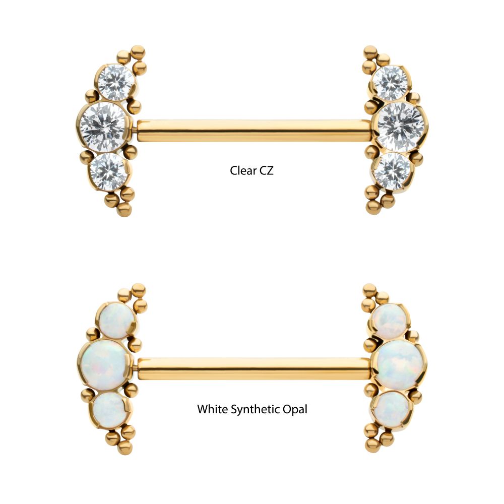 24Kt Gold PVD Titanium Beads and Semi-Bezel Set Round Gem/Opal 
3-Cluster Ends Nipple Barbell 
(One Side Fixed, One Side Threadless ) | Sold by piece