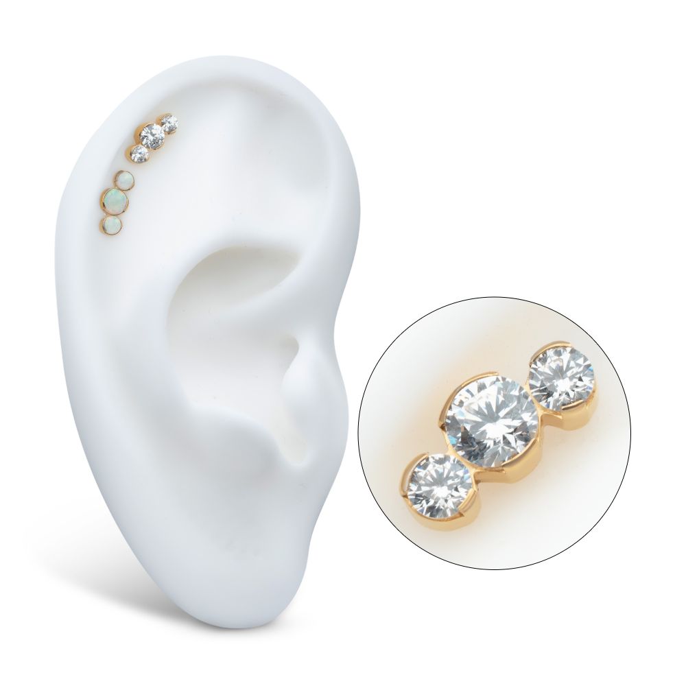 24Kt Gold PVD Titanium Threadless Semi-Bezel Set Round Gem/Opal 3-Cluster Top