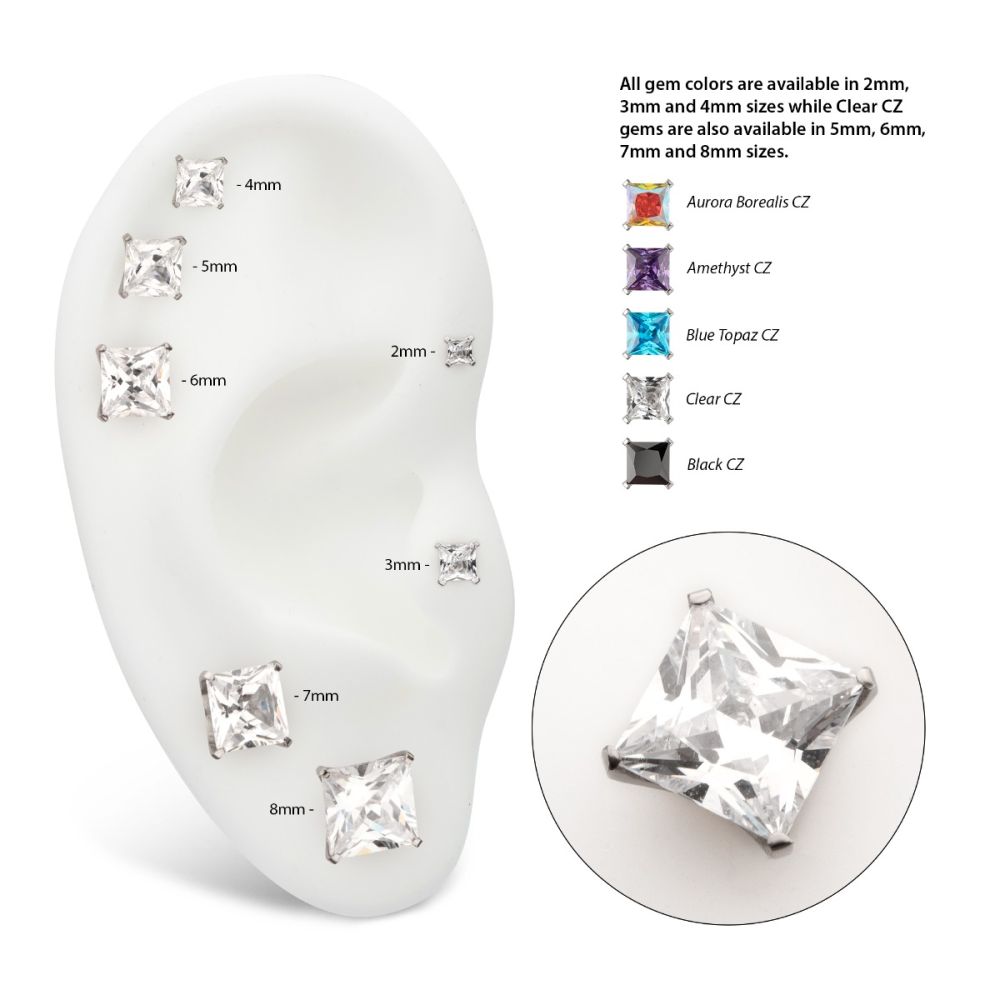 Titanium Threadless 4 Prong Princess Cut Gem Top