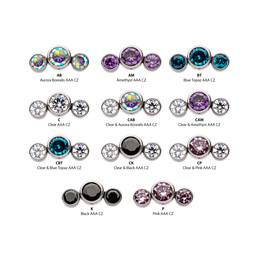 Titanium Threadless with Bezel Set Multi-Color CZ 3-Cluster Side Facing Top