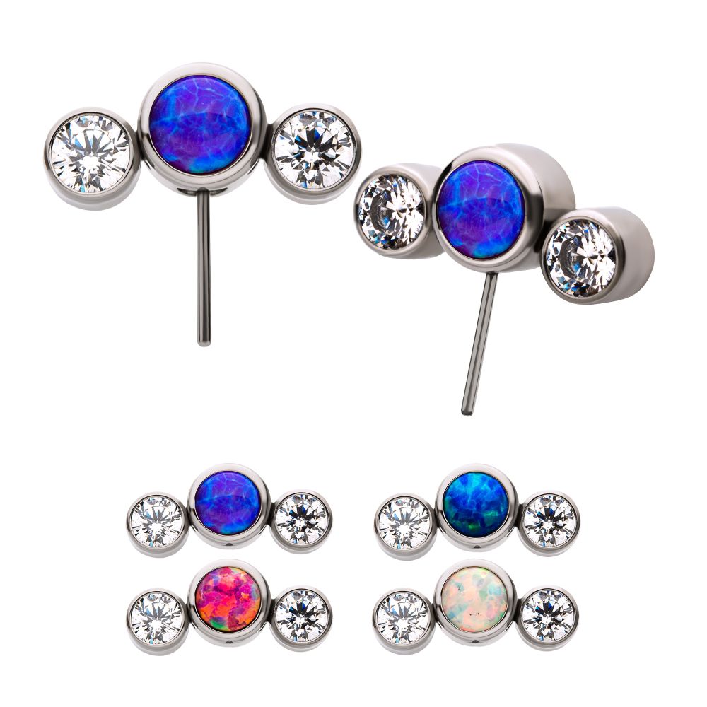 Titanium Threadless with Bezel Set Multi-Color CZ/Opal 3-Cluster Side Facing Top