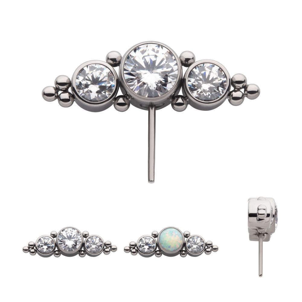 Titanium Threadless with 3-Cluster Bezel Set CZ/Opal & Trio Beads Side Facing Top