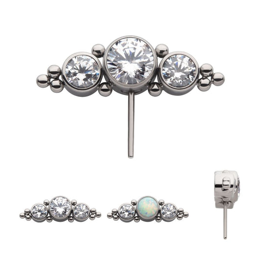 Titanium Threadless with 3-Cluster Bezel Set CZ/Opal & Trio Beads Side Facing Top