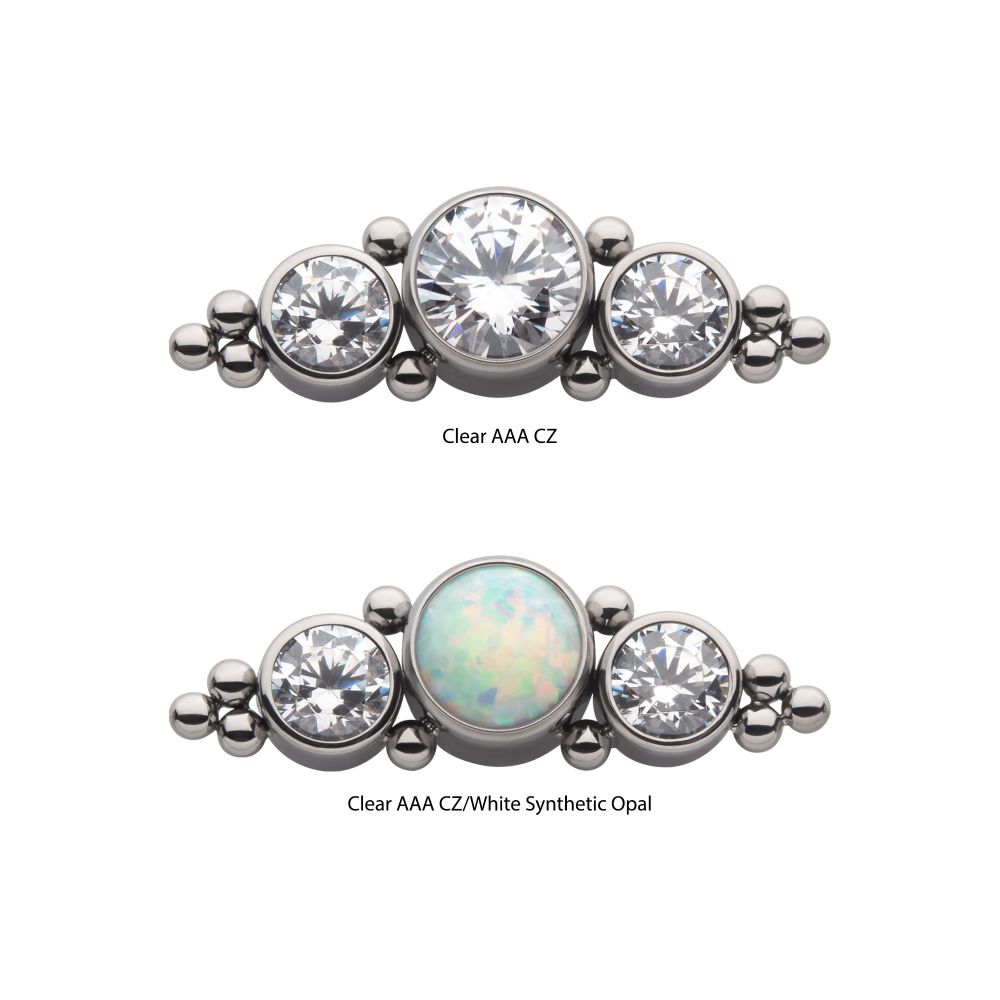 Titanium Threadless with 3-Cluster Bezel Set CZ/Opal & Trio Beads Side Facing Top
