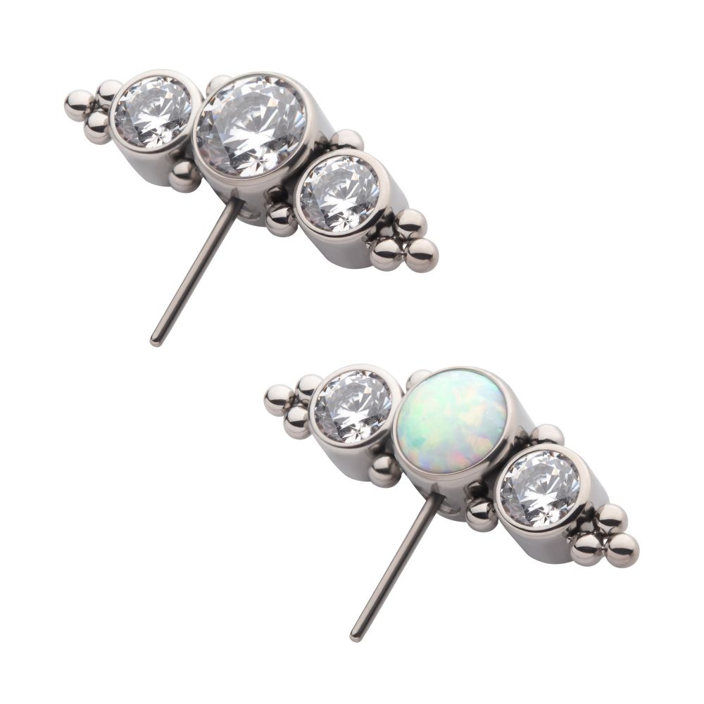 Titanium Threadless with 3-Cluster Bezel Set CZ/Opal & Trio Beads Side Facing Top