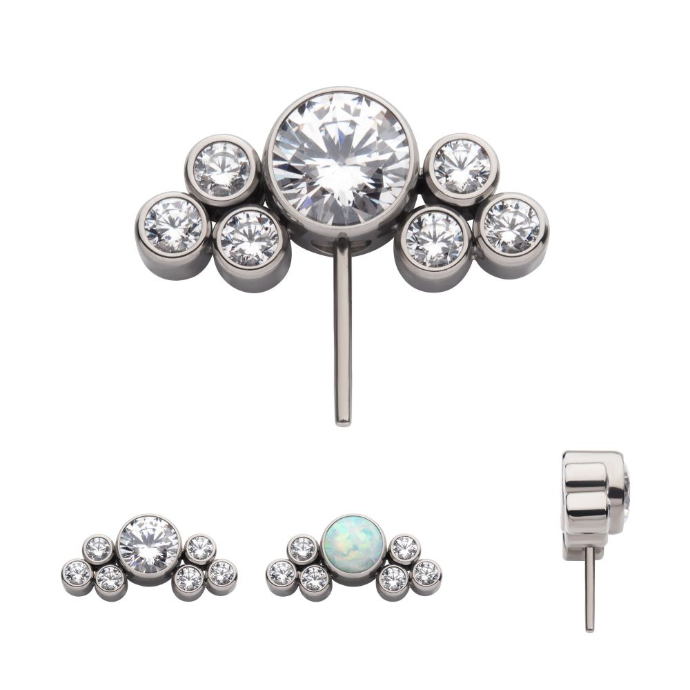 Titanium Threadless 3.5mm Bezel Round CZ/Opal with 3-Gem Cluster Side Facing Top