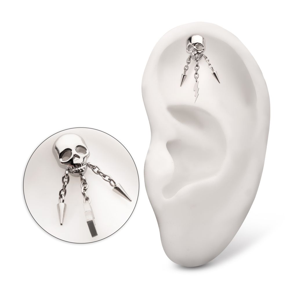 Titanium Threadless Skull Top with Spike & Lightning Bolt Dangle Chain