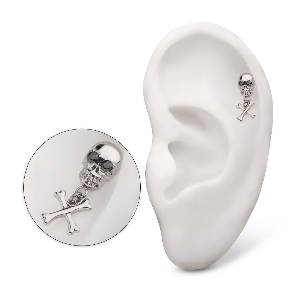 Titanium Threadless Skull Top with Crossbone Dangle