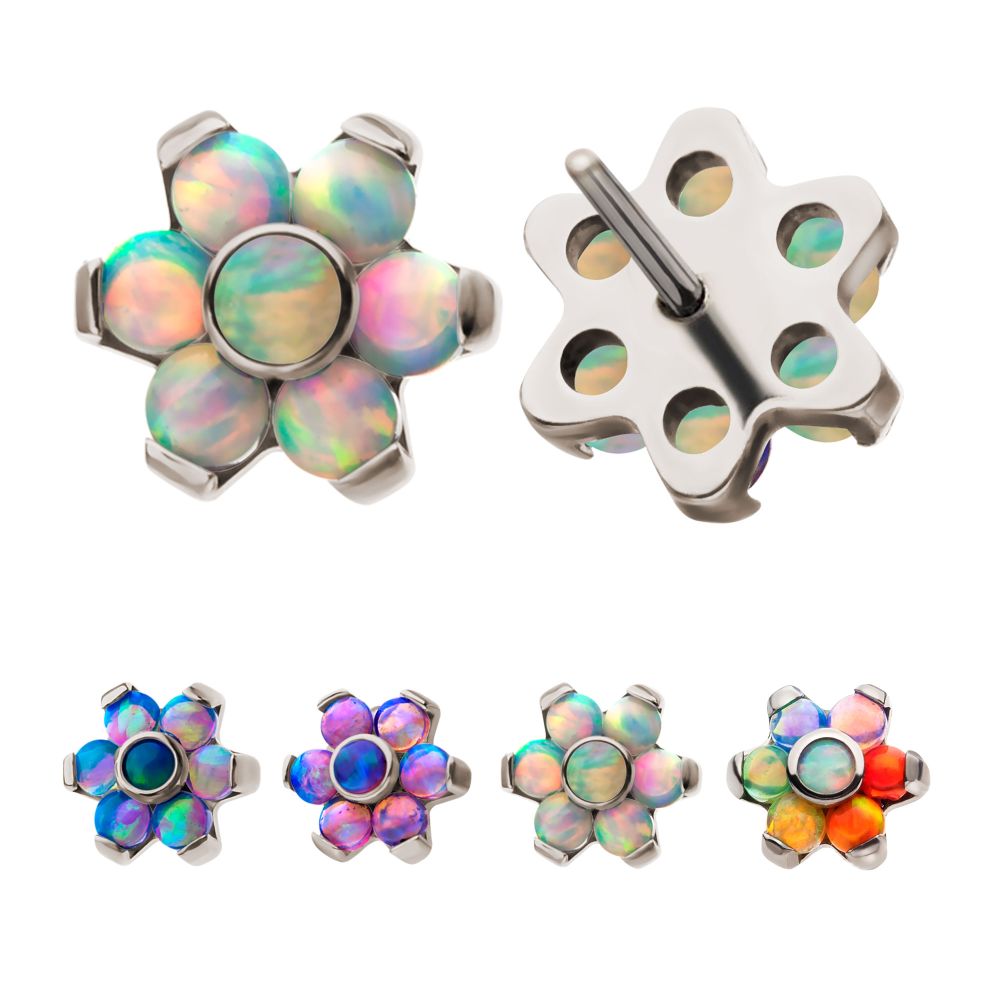 Titanium Threadless with Prong Set Multicolor 7 Rainbow Opal Flower Top