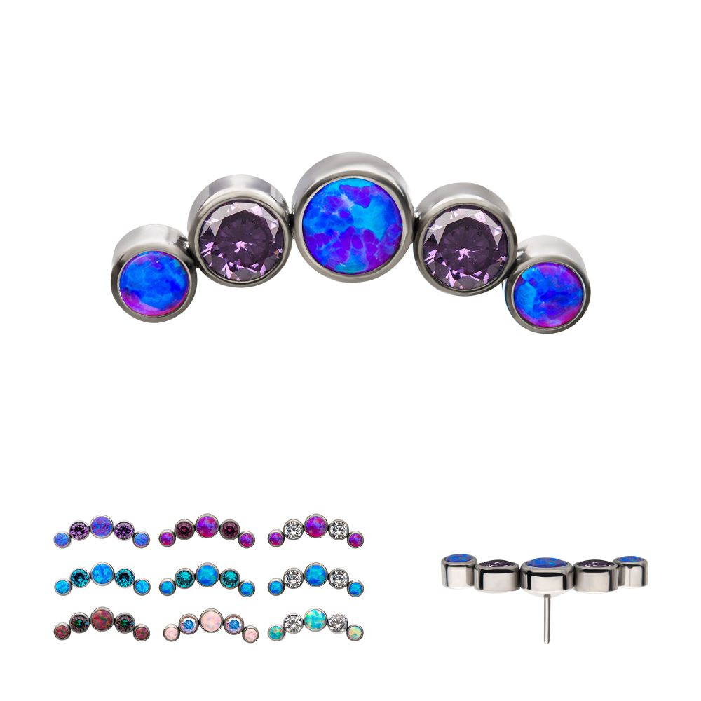 Titanium Threadless 5-Bezel Set CZ/Swarovski Crystal/Synthetic Opal Cluster Top