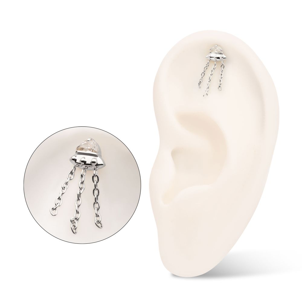 Titanium Threadless 3D UFO Gem Top with Small Chain Dangle