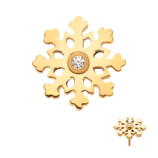 24Kt Gold PVD Titanium Threadless Bezel Set Clear CZ Snowflake Top